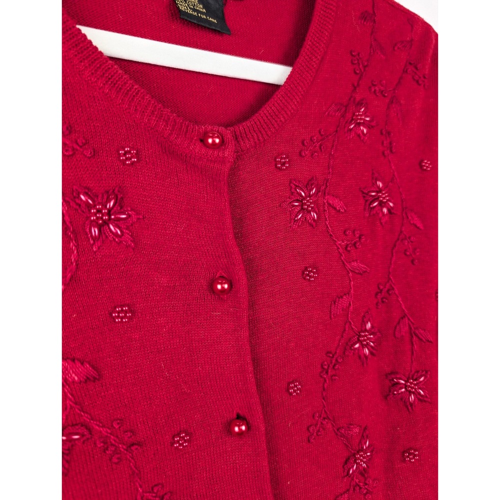 Vintage Y2K Floral Beaded Button Cardigan Size L Red Embellished Coquette Granny - Picture 4 of 10